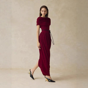 Autumn New Design Elegant Casual Party Dresses Retro Style Wine Red Solid Draped Midi Dress for Women