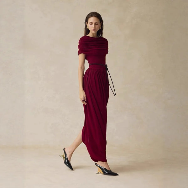 Autumn New Design Elegant Casual Party Dresses Retro Style Wine Red Solid Draped Midi Dress for Women