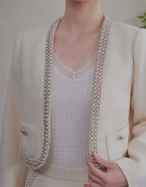 Delicate Perlage Femme Élégant Ensemble Costume Col V Manches Longues Manteau Jupe Midi Trapèze Femme Couleur Unie 2 pièces