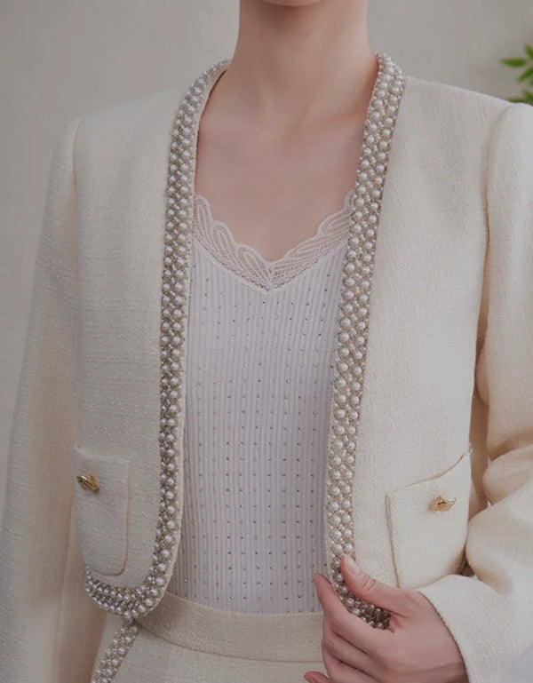 Delicate Perlage Femme Élégant Ensemble Costume Col V Manches Longues Manteau Jupe Midi Trapèze Femme Couleur Unie 2 pièces