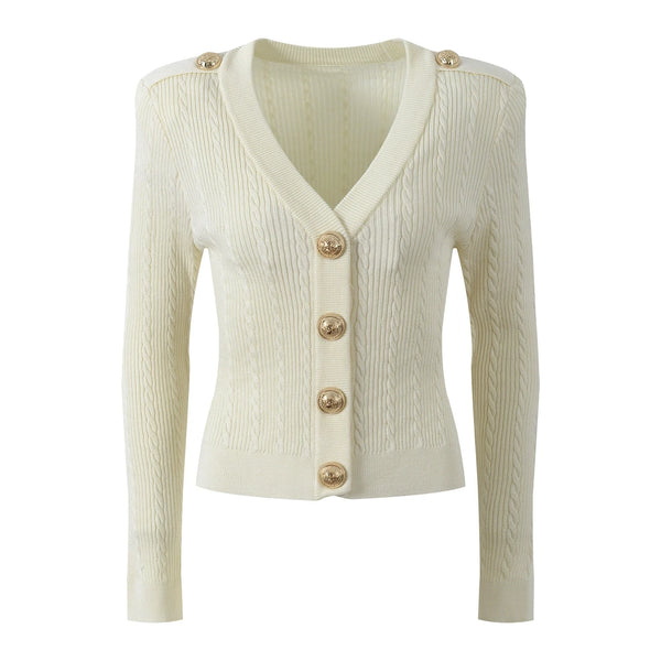 White ribbed cardigan with gold buttons on a white background