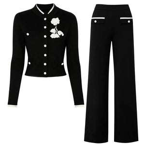 Flower Breasted O-neck Knit Cardigan & Pants Set Winteres