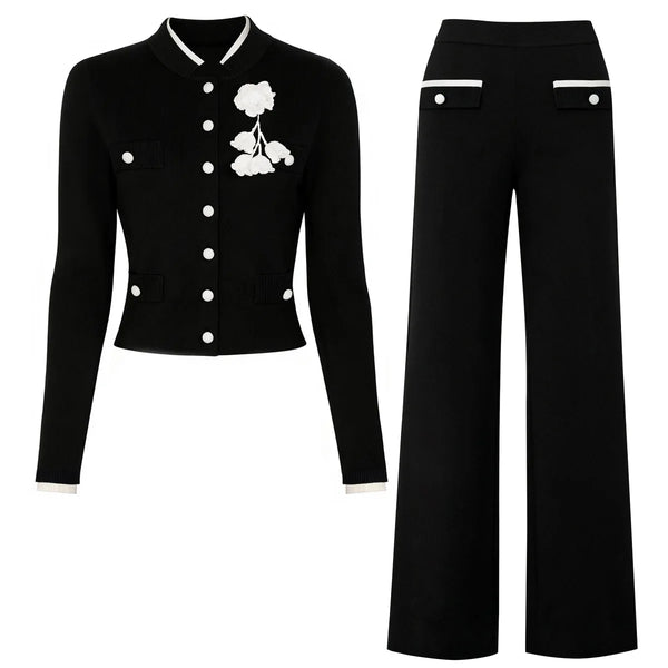 Flower Breasted O-neck Knit Cardigan & Pants Set Winteres