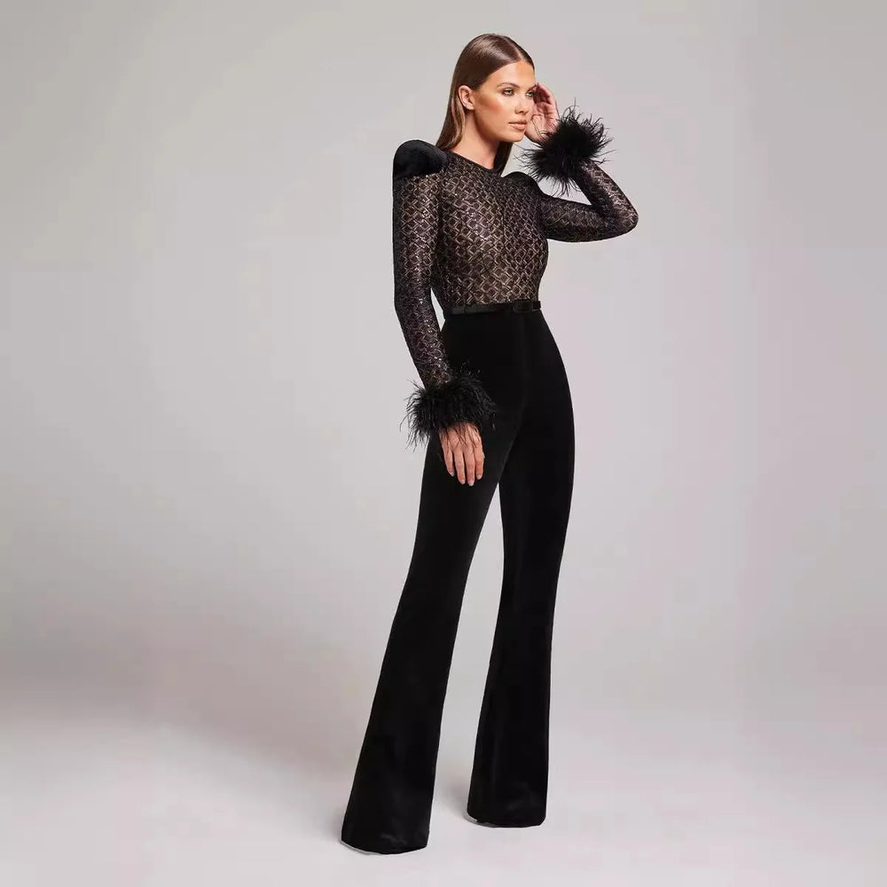 Fashion Design  Sexy Long Sleeve Sequin Feather Black Bodycon Bandage  One Pieces Jumpsuits Winteres