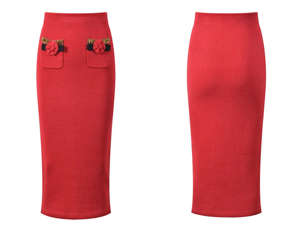 Red skirt with floral pocket details on a white background