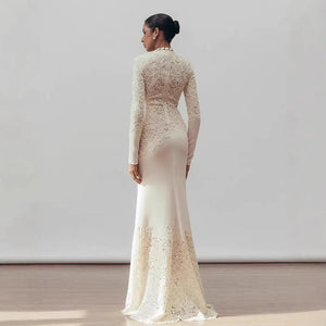 Fashion Luxury High Quality Vintage Elegant Hook Flower Fishtail White Dress 2024 Winter New Tight Banquet Evening Dress Winteres