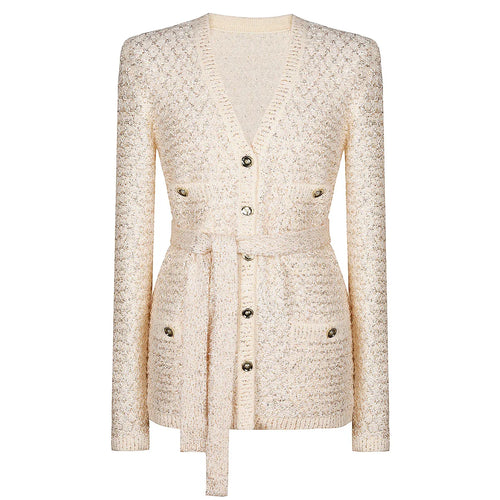 Beige textured cardigan with button details on a white background