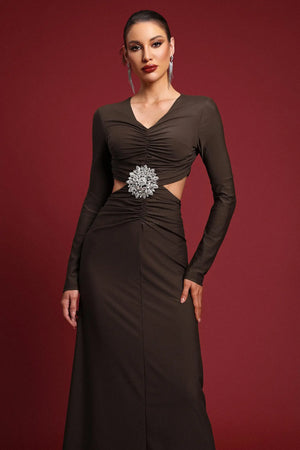 Women Chic IFerla Elegant Contour Long Sleeve Ruched Cut Out Maxi  Ladies Bodycon Occassion Birthday Cocktail Prom Party Dresses Winteres