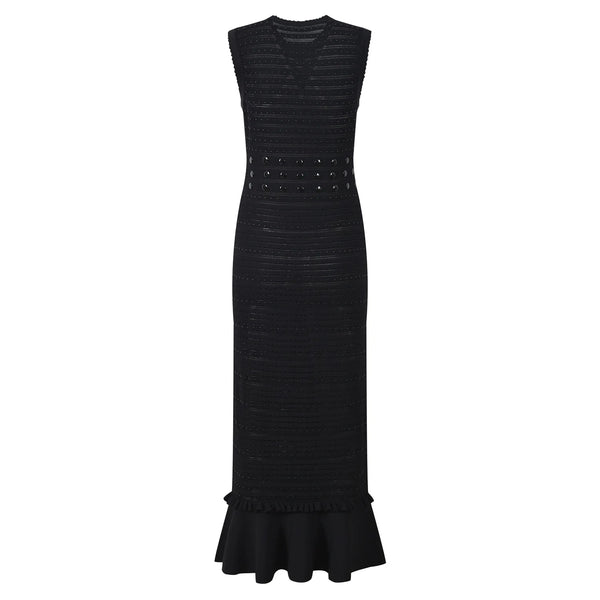 Black dress with embellishments on a white background
