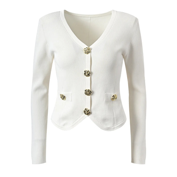 White blazer with gold buttons on a white background