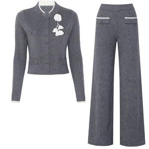 Flower Breasted O-neck Knit Cardigan & Pants Set Winteres