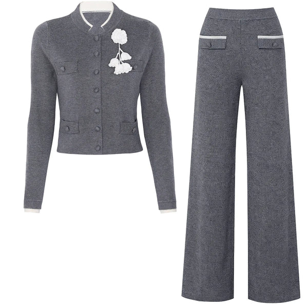 Flower Breasted O-neck Knit Cardigan & Pants Set Winteres