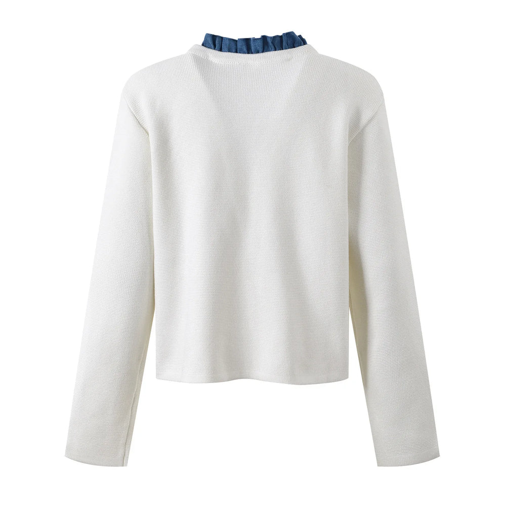 Denim Patchwork Ruffle Cardigan – White Knit Cardigan – Winteres