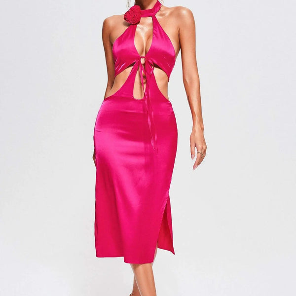 Women Ladies Hot Pink Halter Neck Sexy Dress Winteres