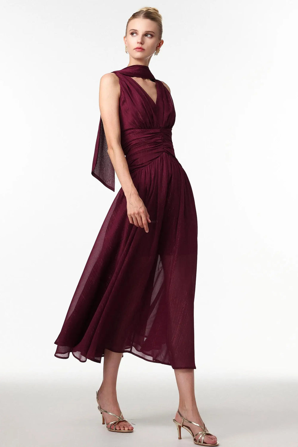 Women Chic IOkani Elegant Flowy V Neck Sleeveless Ruched Subtle Sh Ladies Bodycon Occassion Birthday Cocktail Prom Party Dresses Winteres