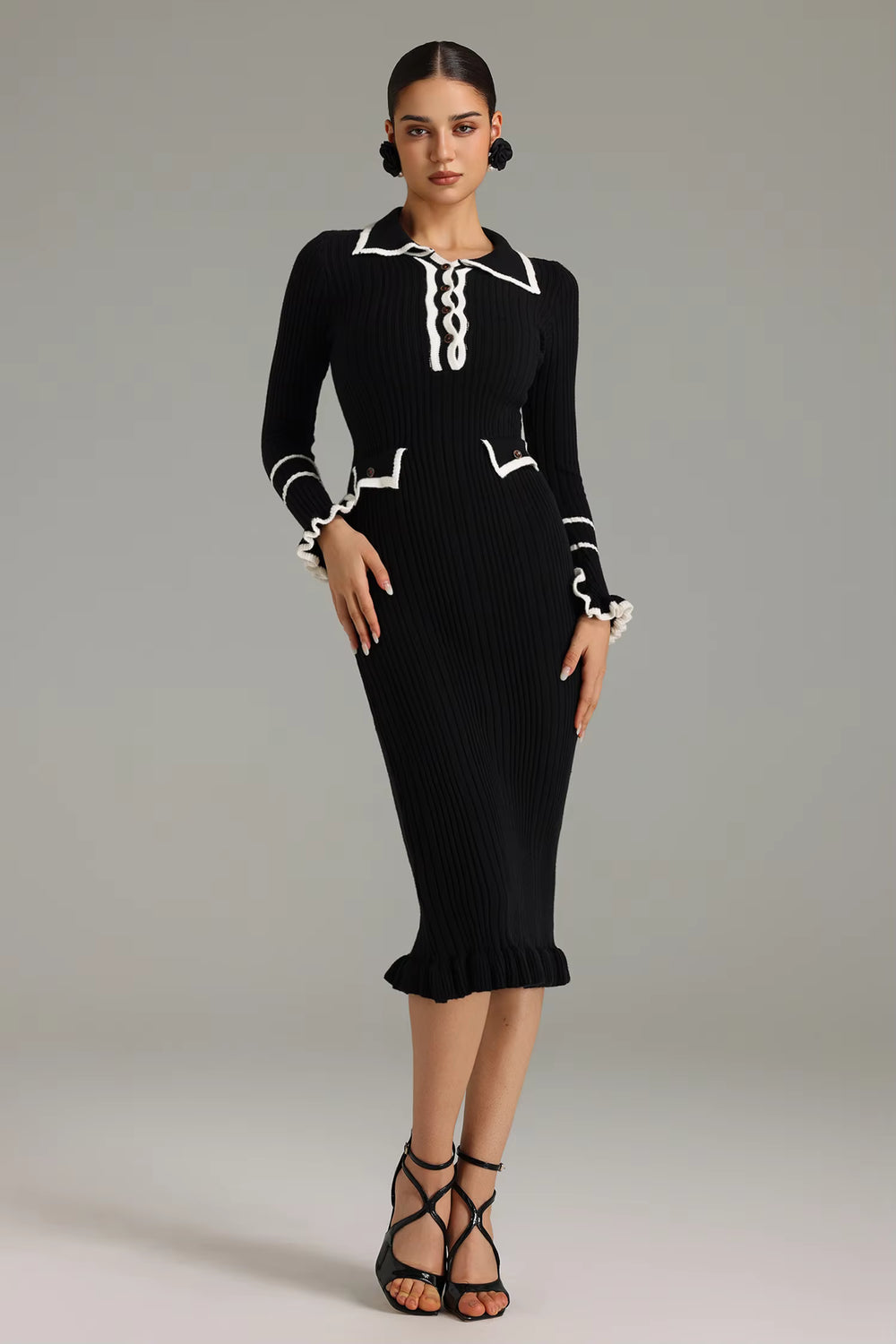 Bella Barnett Black Long Sleeve Flounced Knitted Midi Dress Ladies Vestidos Women Elegant Summer Casual Dresses Winteres