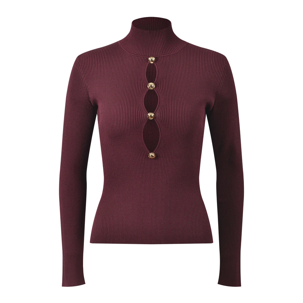 Black ribbed long-sleeve top with gold buttons on a white background
