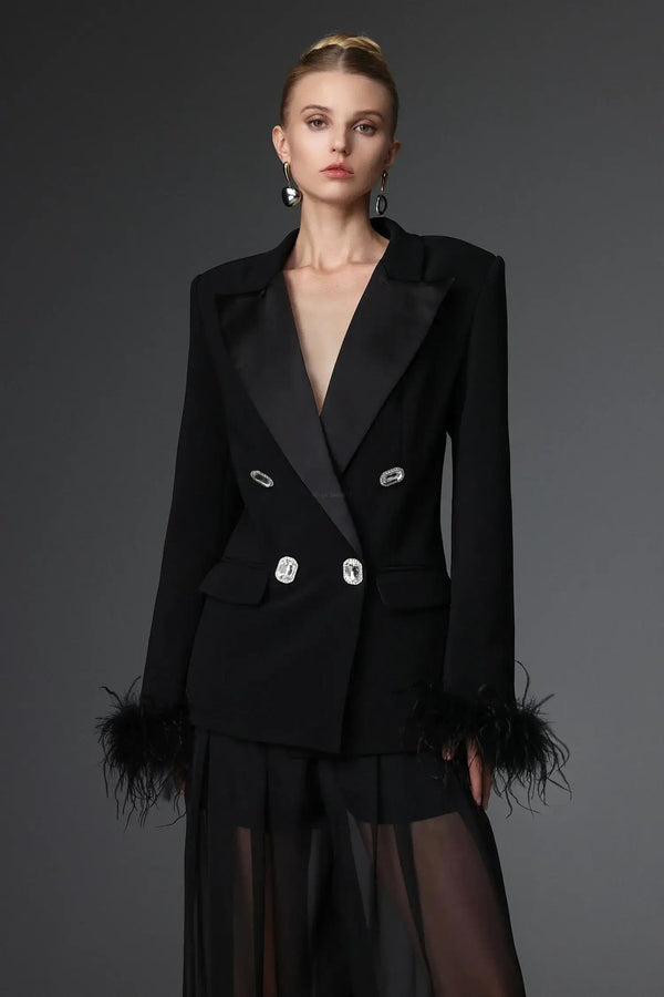 IZeren Maxi Dress featuring elegant black blazer with statement buttons and feather details.