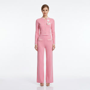 Flower Breasted O-neck Knit Cardigan & Pants Set