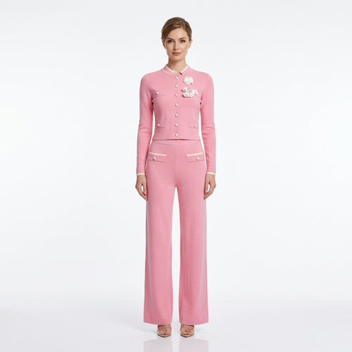 Flower Breasted O-neck Knit Cardigan & Pants Set