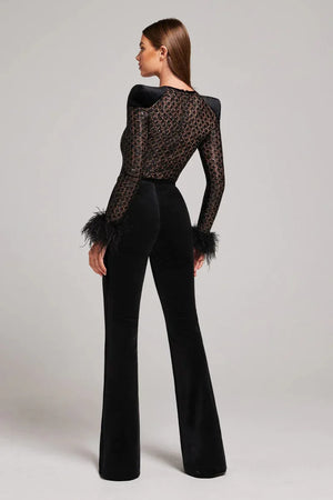 Fashion Design  Sexy Long Sleeve Sequin Feather Black Bodycon Bandage  One Pieces Jumpsuits Winteres