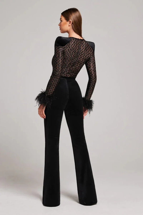 Fashion Design  Sexy Long Sleeve Sequin Feather Black Bodycon Bandage  One Pieces Jumpsuits Winteres