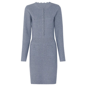 Gray knit dress with button details on a white background