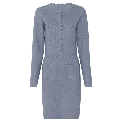 Gray knit dress with button details on a white background