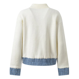Cardigan en maille pour femme, style décontracté, collection 2026, col rabattu, manches longues, simple boutonnage, ourlet patchwork denim.