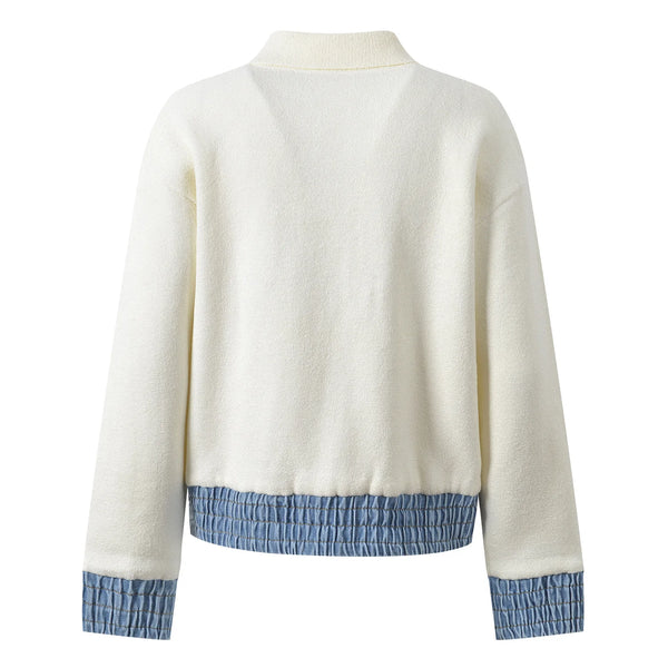 Cardigan en maille pour femme, style décontracté, collection 2026, col rabattu, manches longues, simple boutonnage, ourlet patchwork denim.