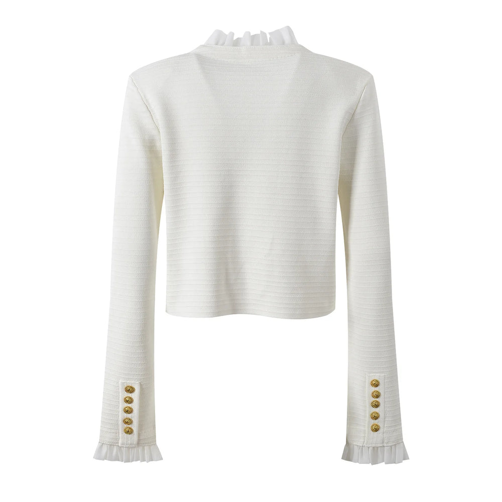 White ribbed sweater with gold buttons on a white background