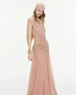 OUDINA Nouvelle collection Robes longues élégantes plissées, drapées, froncées, unies, décontractées et modestes à col en V pour femmes
