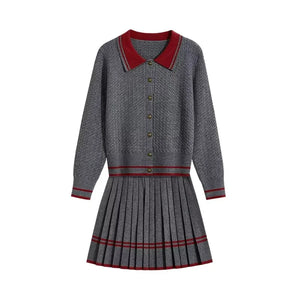 Polo-Neck Jacquard Preppy Knit & Skirt Set Winteres