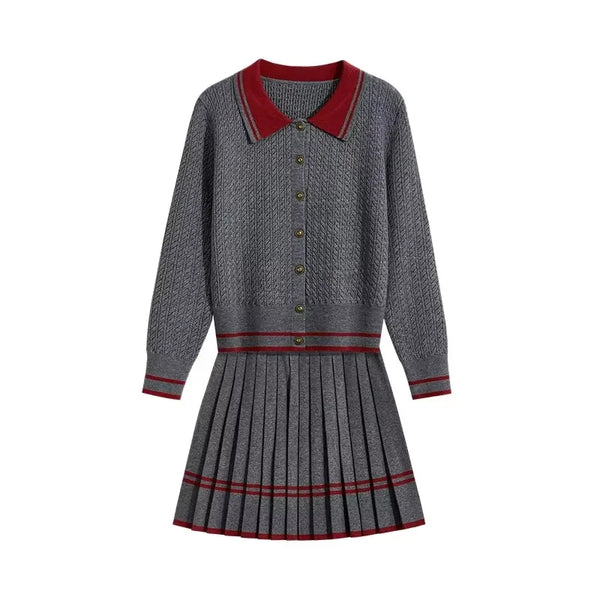 Polo-Neck Jacquard Preppy Knit & Skirt Set Winteres