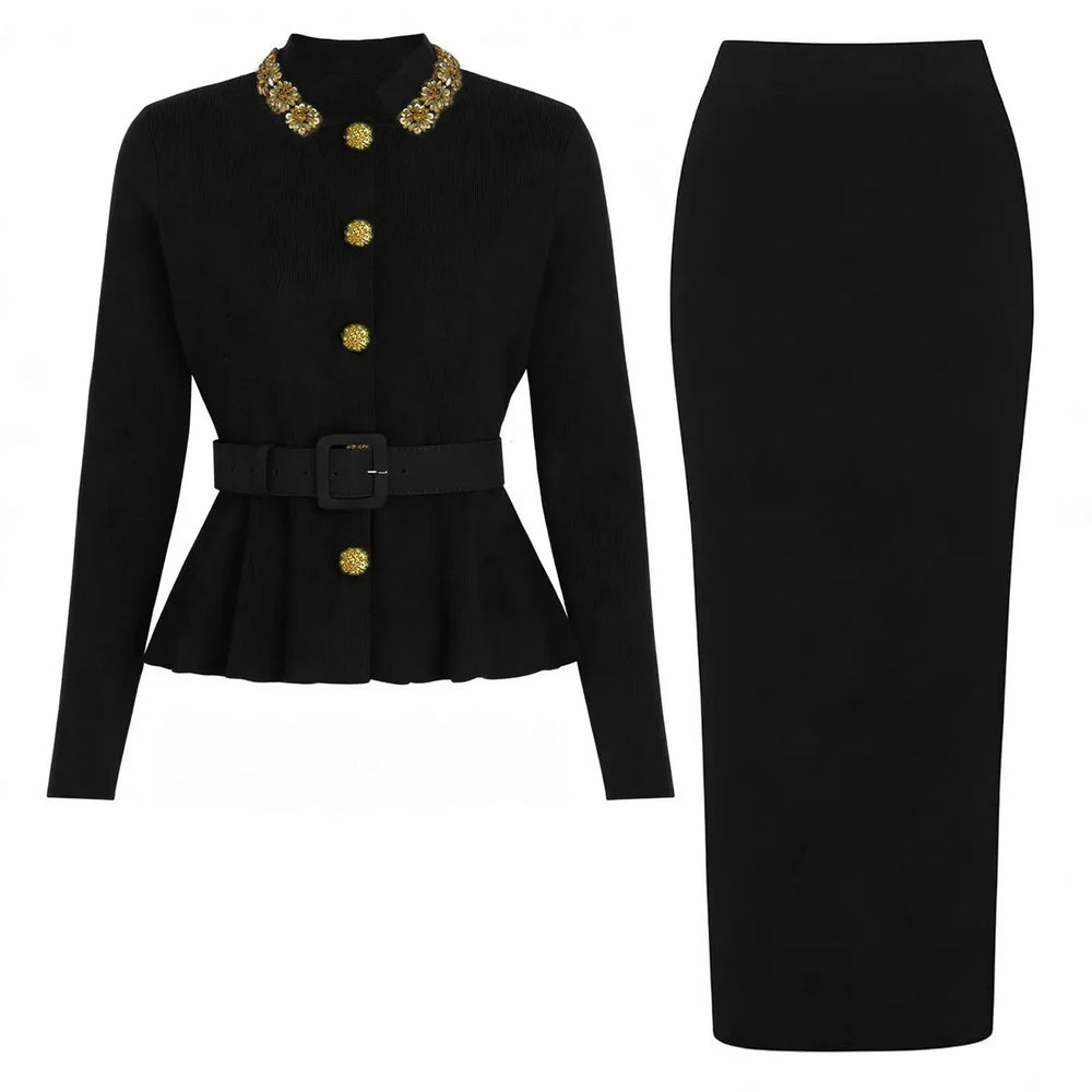 Mustard yellow jacket and skirt set with decorative buttons on a white background