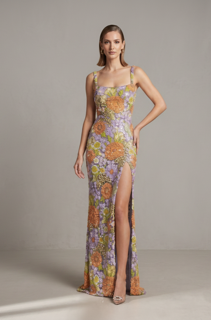 Woman wearing a floral evening gown against a neutral background