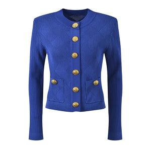 Blue jacket with gold buttons on a white background