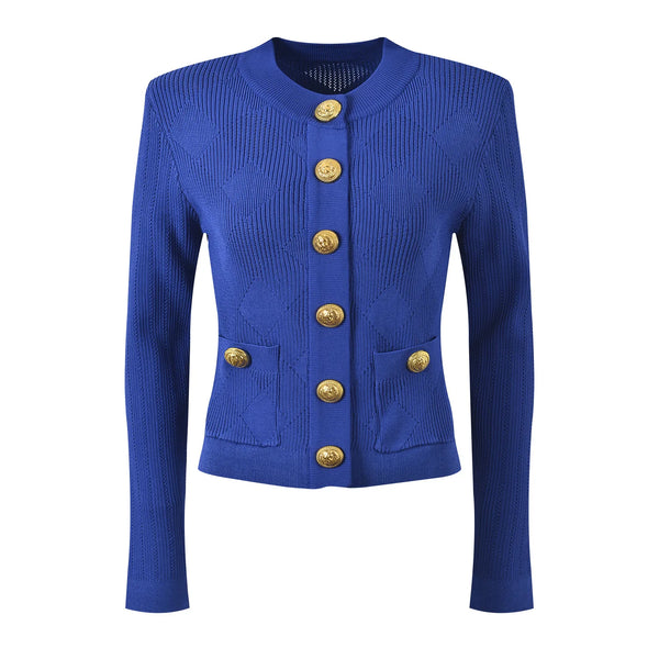 Blue jacket with gold buttons on a white background