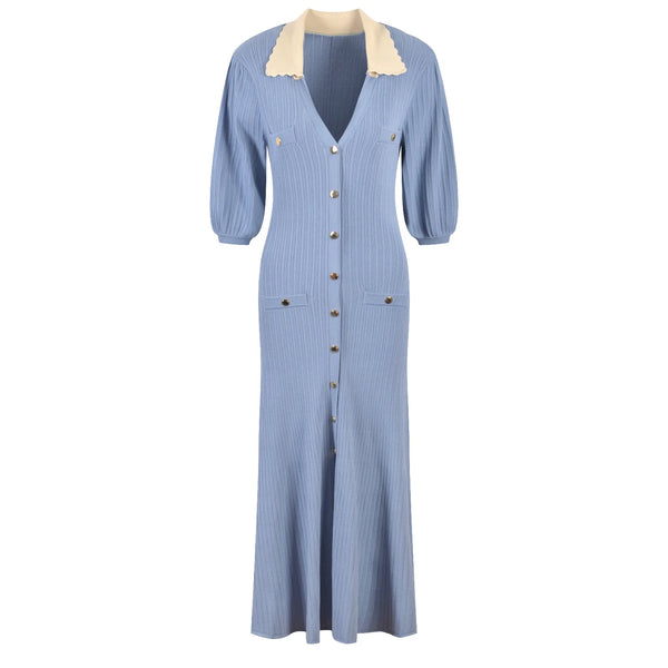Blue dress with a white collar on a white background