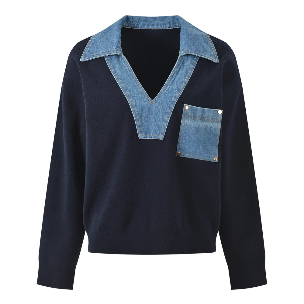 Denim Patchwork V-Neck Sweater – Navy Sweater – Winteres