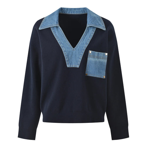 Denim Patchwork V-Neck Sweater – Navy Sweater – Winteres
