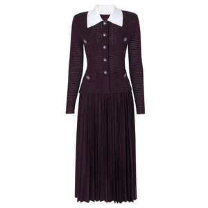 Dark purple dress with white collar on a white background