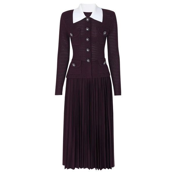 Dark purple dress with white collar on a white background