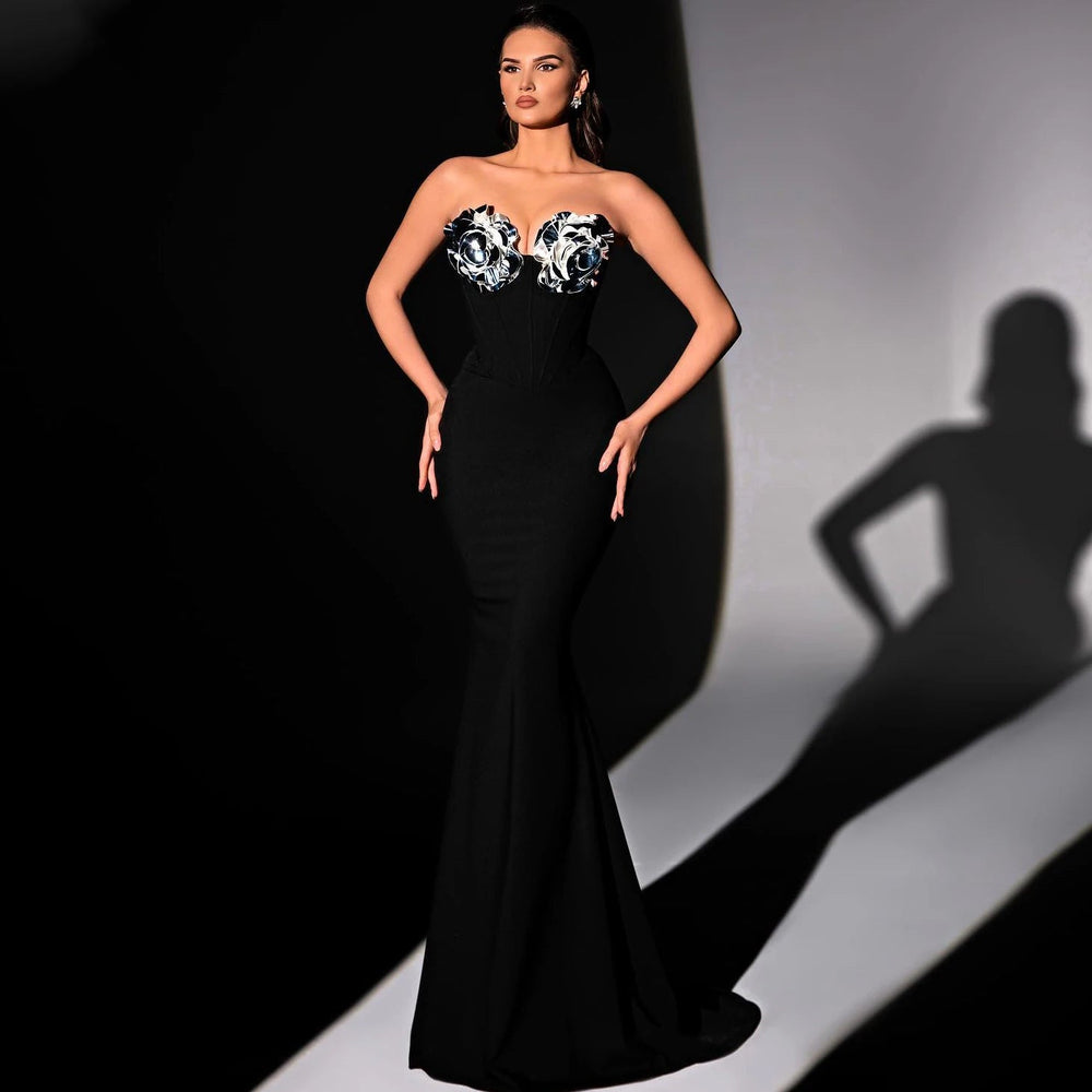 Black Strapless 3D Structured Flowers Long Dress Patchwork Sleeveless Backless Mermaid Party Cocktail Evening Gown Vestido Winteres