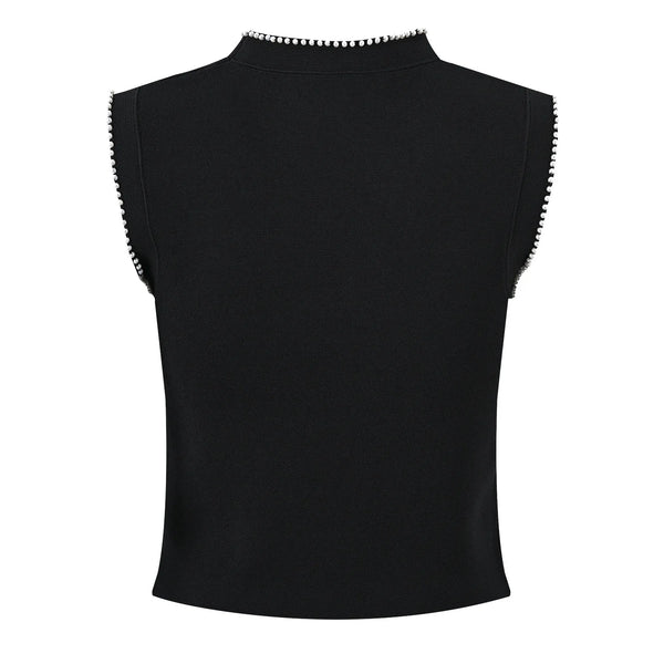 Black sleeveless top with decorative trim on a white background