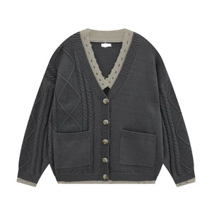 Pull en tricot pour femme, col en V, grandes tailles, manches longues, épaules tombantes, gilet en maille torsadée boutonnée