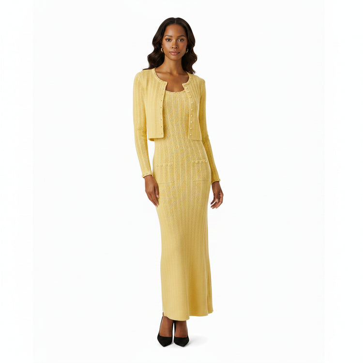 Yellow long-sleeve cardigan and dress set on a white background