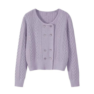 Cable Double-Breasted Crew-Neck Cardigan