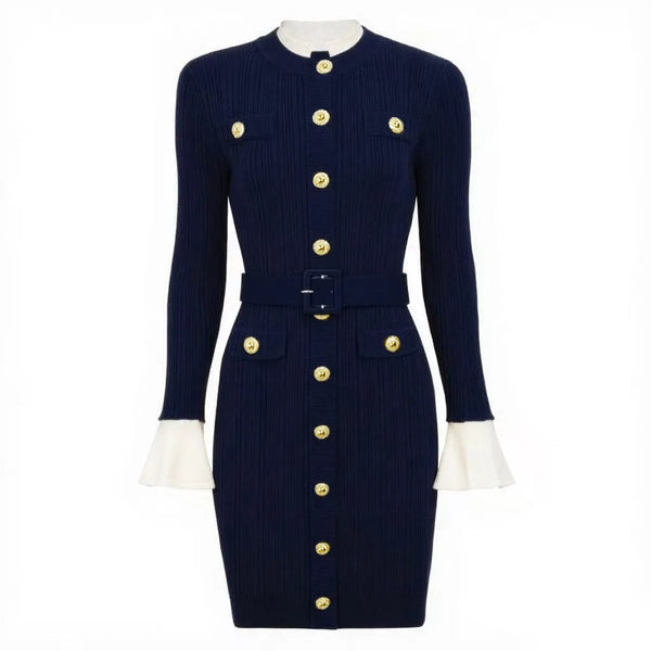 A10712 Migugarment High Quality Fashionable Knitted Mini Dresses Golden Button and Pocket  Decoration Long Sleeve Casual Dresses Winteres