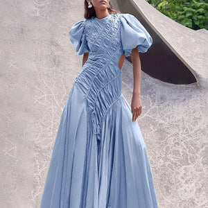 New Style Women's Summer High Quality Dress French Elegant Simple Long Dress Puff Sleeve Round Neck Pleated Elegant Party Dress Winteres